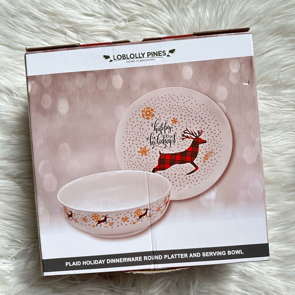 Loblolly Pines holiday themed round platter & serving bowl